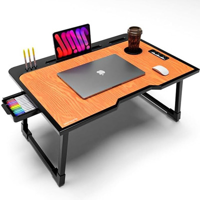 FurniGully Engineered Wood Laptop Table Portable | Foldable | Round Edges I Non-Slip Legs | Wood Portable Laptop Table(Finish Color - BROWN, Pre Assembled)