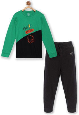 KiddoPanti Girls Casual T-shirt Track Pants(Green & Black / Jet Black)