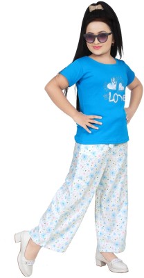 Afiah Fashion Girls Casual Top Pant(Sky Blue Top, White Pant)