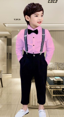 KRIYU CREATION Boys Party(Festive) Shirt Pant, Bow Tie, Suspenders(PINK)
