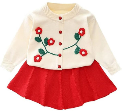 Bold N Elegant Baby Girls Party(Festive) Sweatshirt Skirt(Red)
