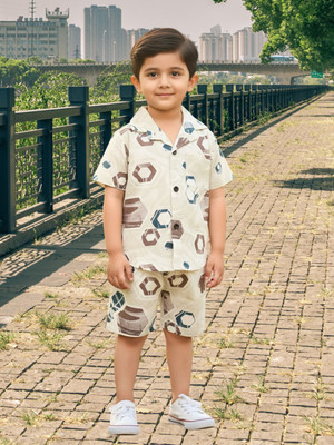 FASHION GRAB Boys Casual Shirt Shorts(Cream)