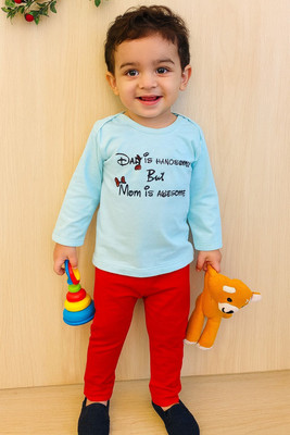 Piku Store Baby Boys & Baby Girls Casual T-shirt Pyjama(Aqua Blue T-shirt & Red Lower)