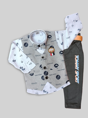 Qutie Ninja Baby Boys Party(Festive) Dress Shirt, Pant, Waistcoat, Bow Tie(SILVER)