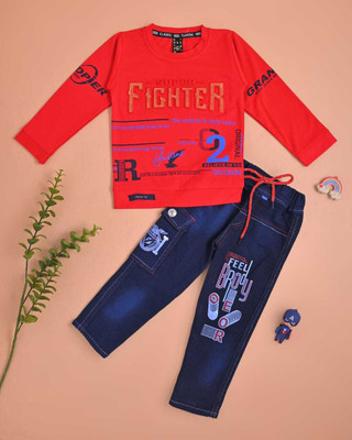 SKRAFATGARMENTS Boys Party(Festive) T-shirt Pant(Red)