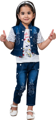 kidzride Baby Girls Party(Festive) Jacket Top, Jeans(Blue, White)