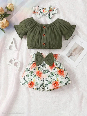 HouseOfCommon Baby Girls Daisy Party(Festive) Top Shorts, Hairband(Olive)