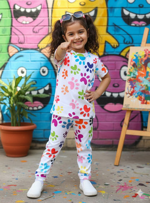 JigJog Girls Casual T-shirt Trouser(Foot-White)