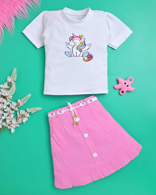 SKRAFATGARMENTS Girls Party(Festive) Top Skirt(Pink)