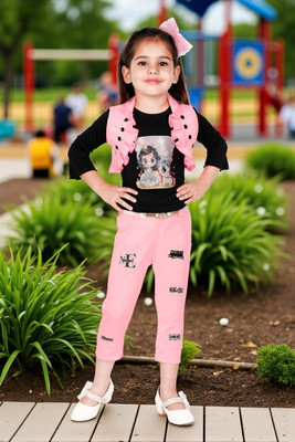 new gen Baby Girls Casual T-shirt Pant, Waistcoat(PINK)