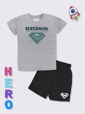 YK X Minute Mirth Boys & Girls Superman Casual T-shirt Shorts(Grey)
