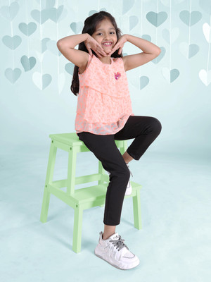 KiddoPanti Girls Casual Top Jegging(White & Orange & Black)