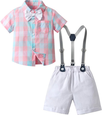 Little Looks Baby Boys & Baby Girls Party(Festive) Shirt Shorts, Bow Tie, Suspenders(PINK CHECKS)