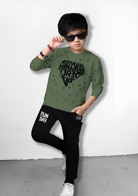 Ticoss Boys Casual T-shirt Trouser(Olive, Black)