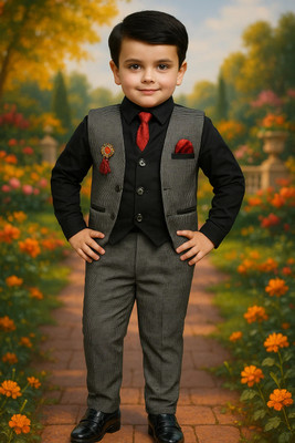 Poonam Jain Boys Festive & Party Shirt, Waistcoat and Pant Set(Black Pack of 1)