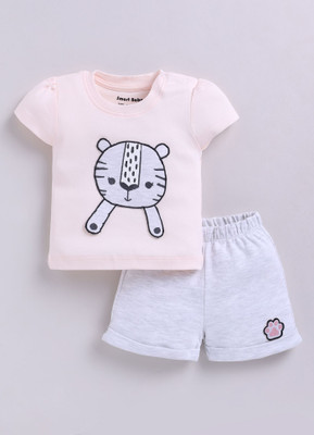 Smart Baby Baby Girls Casual T-shirt Shorts(Pink & Grey)