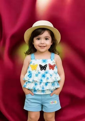 Ndress Store Baby Girls Casual Top Shorts(blue rid one top ,Short)