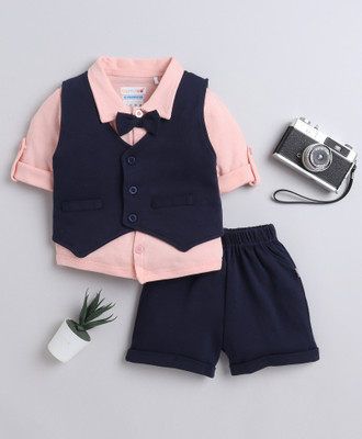 BUMZEE Baby Boys Party(Festive) Shirt Shorts, Waistcoat, Bow Tie(Navy & Peach)