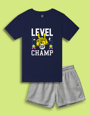 Nusyl Boys Casual T-shirt Shorts(Navy Blue & Grey)