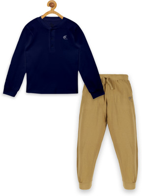KiddoPanti Boys Casual T-shirt Track Pants(Navy & Khaki)