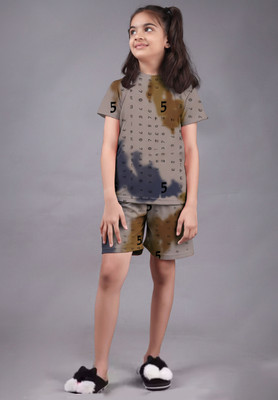 FEBVIBE Girls Casual T-shirt Shorts(Brown)