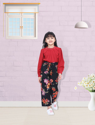 CUTIEKINS Girls Casual Top Trouser(Maroon & Floral Black)