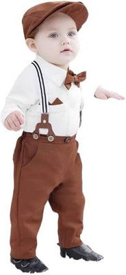 SWAR FASHIONS Baby Boys Party(Festive) Dress Shirt, Pant, Suspenders, Bow Tie(Brown, White)