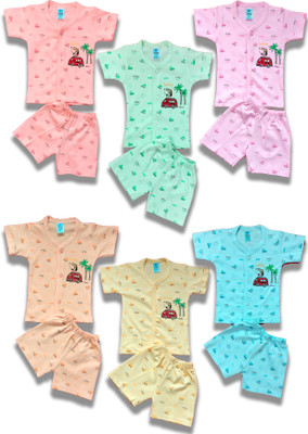 SANIKIDSWEAR Baby Boys & Baby Girls Casual T-shirt Shorts(SKY B LUE, LIGHT PINK, ORANGE, PINK, MINT GREEN, YELLOW II Baby Unisex Cotton Front Open T-Shirt & Shorts Combo Set of 6)