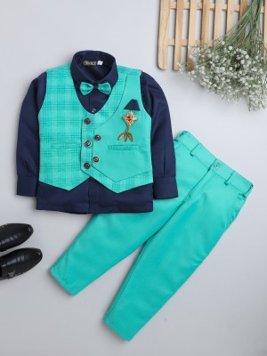 Fourfolds Boys Casual Shirt Trouser, Waistcoat, Bow Tie(Sea Green)