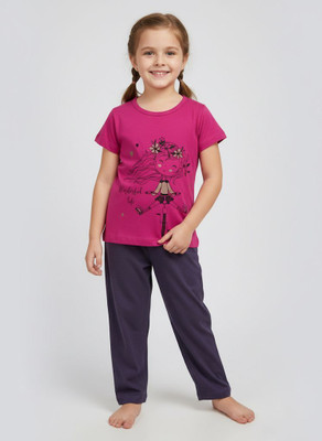 KiddieKisses Girls Casual T-shirt Pant(Pink-Navy Blue)