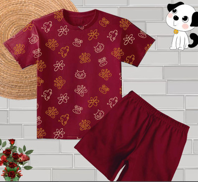 DOODEEKIDS Baby Boys & Baby Girls Casual T-shirt Shorts(Maroon)