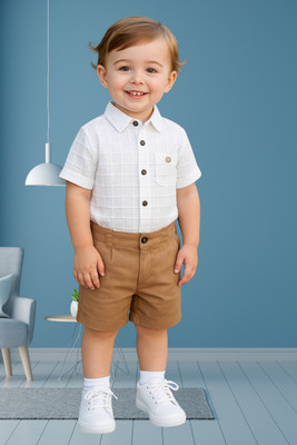KRIYU CREATION Boys Casual Shirt Shorts(white Khakhi)