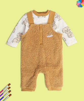 MINI KLUB Dungaree For Baby Boys Solid, Printed Cotton Blend(Brown, Pack of 1)