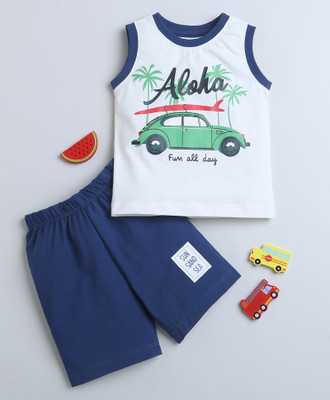 BUMZEE Baby Boys Casual T-shirt Shorts(Navy & White)