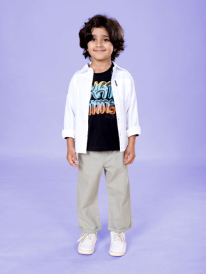KiddoPanti Boys Casual Shirt Pant(White & Black & Lt Green)