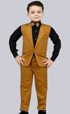 Fashionhub Boys Festive & Party, Wedding Shirt, Waistcoat and Pant Set(Yellow Pack of 1)