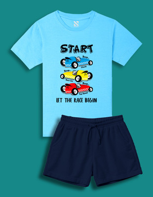 Nusyl Boys Casual T-shirt Shorts(Sky Blue & Navy Blue)