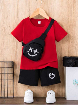 FAHADCREATIONS Boys Casual T-shirt Shorts(Red & Black)