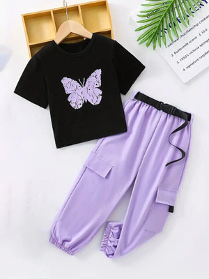 PORPY Girls Casual T-shirt Pant(Black & Parrot)