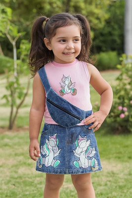 I Naina Dresses Girls Barbie Casual Top Skirt(Pink & Blue)