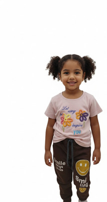 Silakaari Baby Boys & Baby Girls Casual T-shirt Trouser(Pink-Brown)