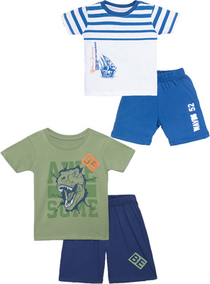 Yk Boys Casual T-shirt Shorts(Whiteblue&Oilgreen)