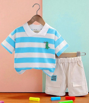 HouseOfCommon Baby Boys & Baby Girls Casual T-shirt Shorts(Light b;ue & white)