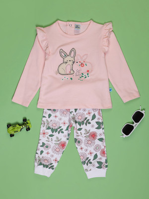 V-MART Baby Girls Casual T-shirt Pyjama(Peach)