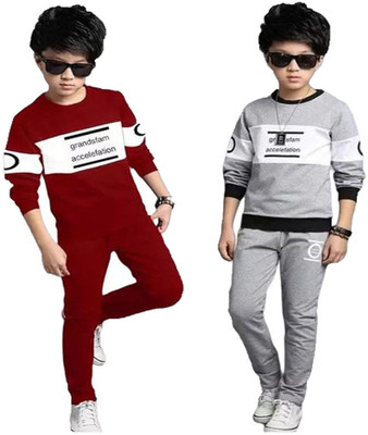 Cute N Tight Boys Casual T-shirt Pant(Red, Grey)