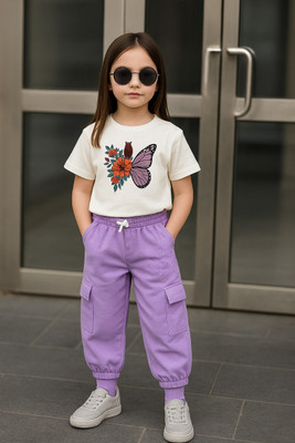 Fashioncore Girls Angry Birds Casual T-shirt Pant(Lavender, White)