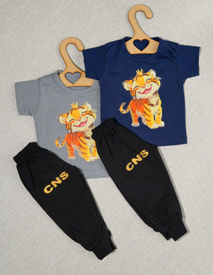 craze n stitch Baby Boys Casual T-shirt Pant(GREY AND NAVY BLUE)