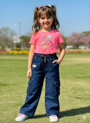 Silakaari Baby Boys & Baby Girls Casual T-shirt Jeans(Pink-Dark blue)