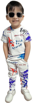 ANIKA CREATIONN Boys & Girls Casual T-shirt Pant(White Happy)