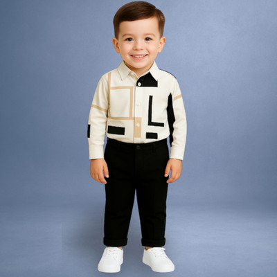 menvy Baby Boys Party(Festive) Shirt Pant(WHITE GEOMETRIC PATTERN)
